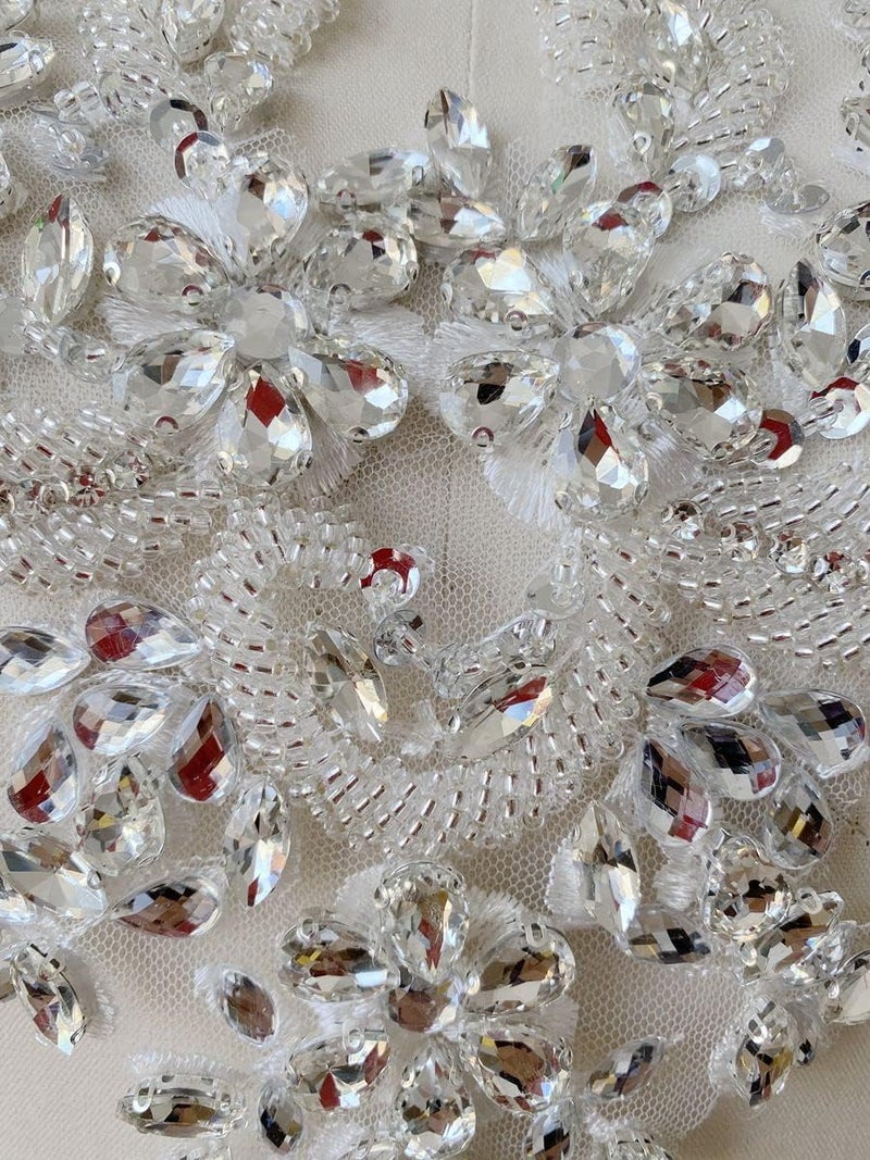 wtbvn Handmade Rhinestones lace Applique handsewing Beads Trim Patches Neckline for Dress Clothes Accessory (White) - Image 3